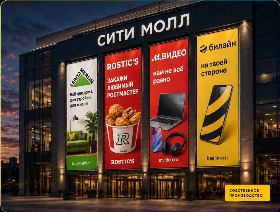 Фасад торгового центра с рекламными баннерами