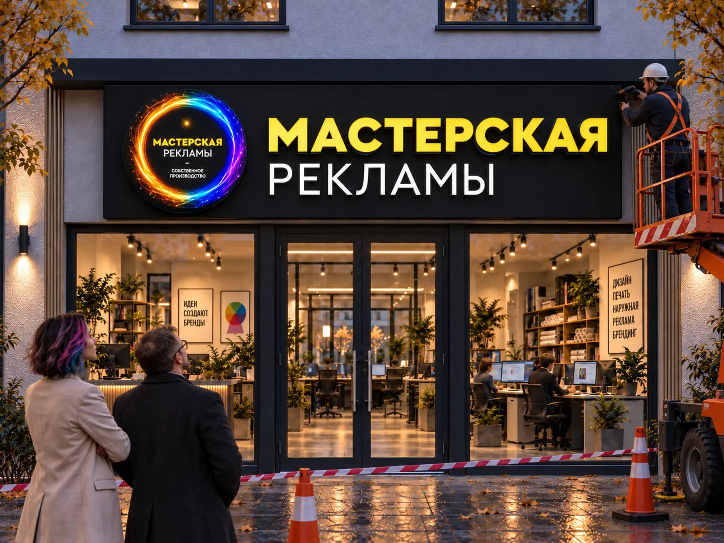 Монтаж той же крупной вывески по центру входа в офис рекламного агентства; монтажник работает с автовышки, дизайнер и заказчик наблюдают из безопасной зоны