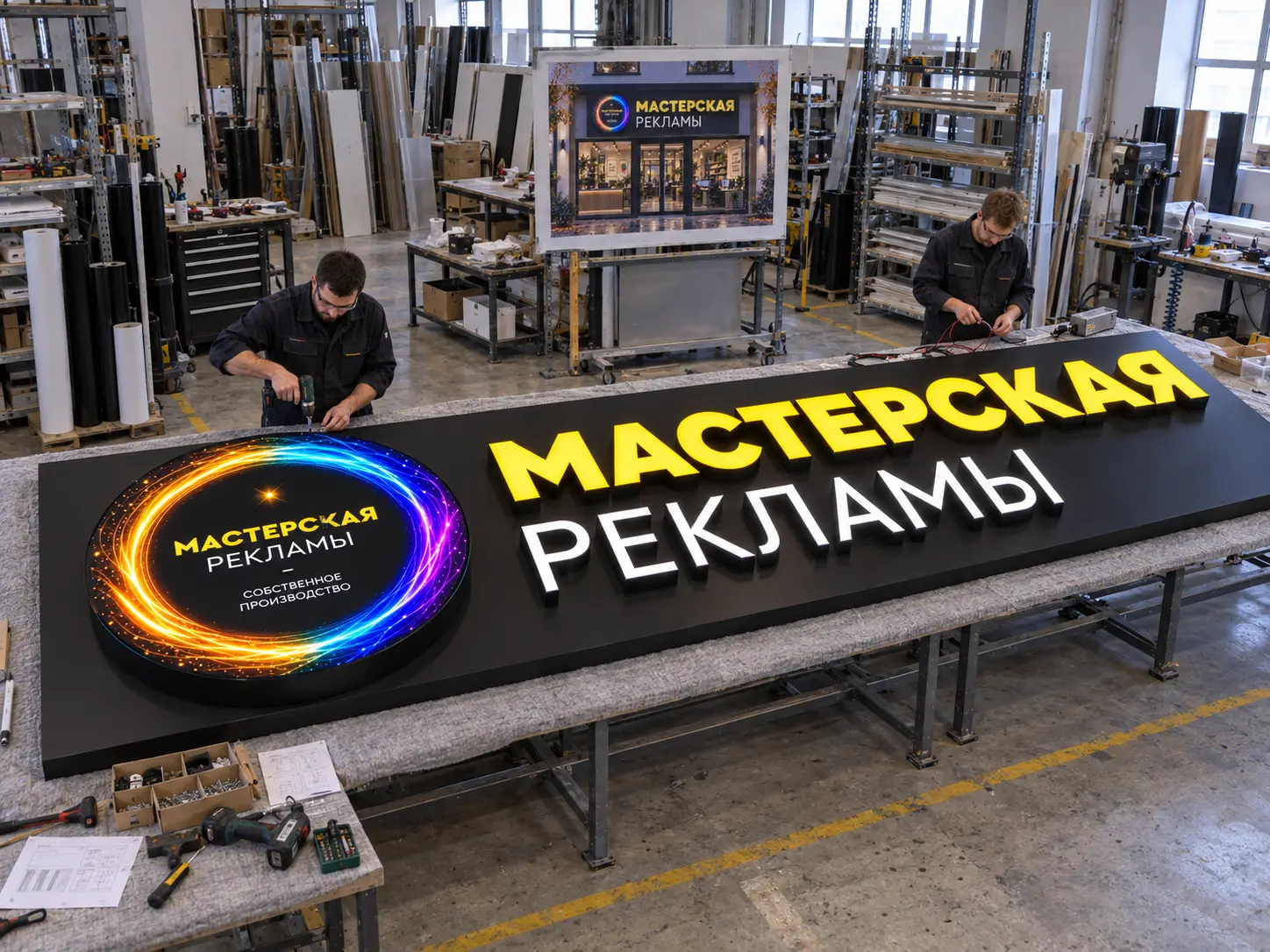 Сборщики работают над крупной фасадной вывеской на длинном промышленном столе: чёрная кассета, круглый световой короб и объёмные буквы Мастерская рекламы